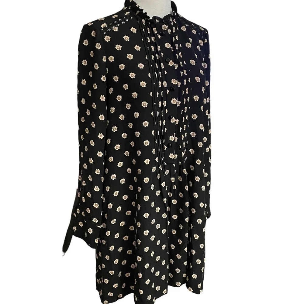 Kate Spade Ditsy Floral Pintuck Pleats Daisy Crochet Trim Popover Silk Black XS